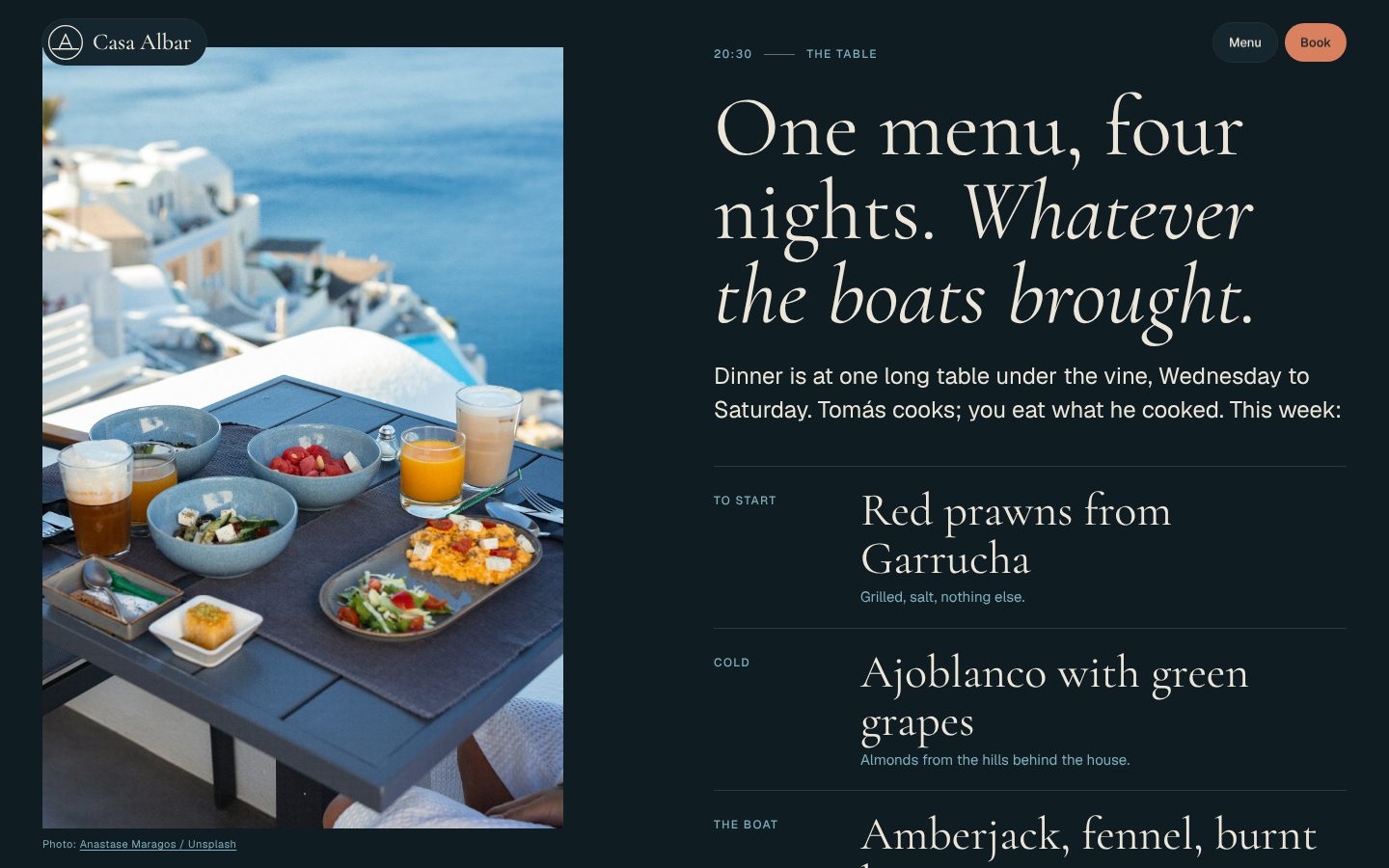 Casa Albar dinner menu at night