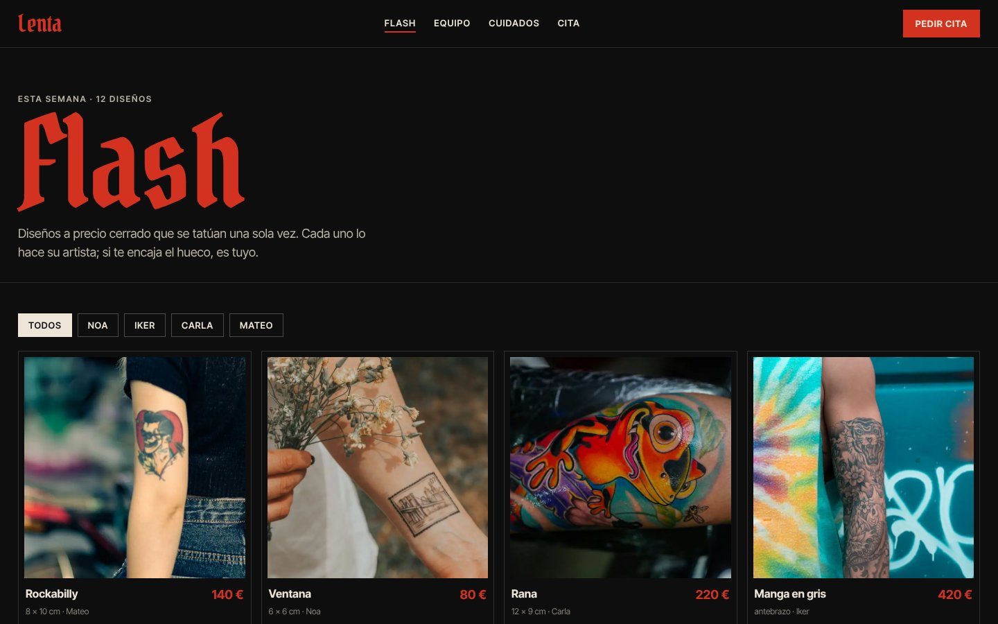 Lenta flash designs with price, size and artist